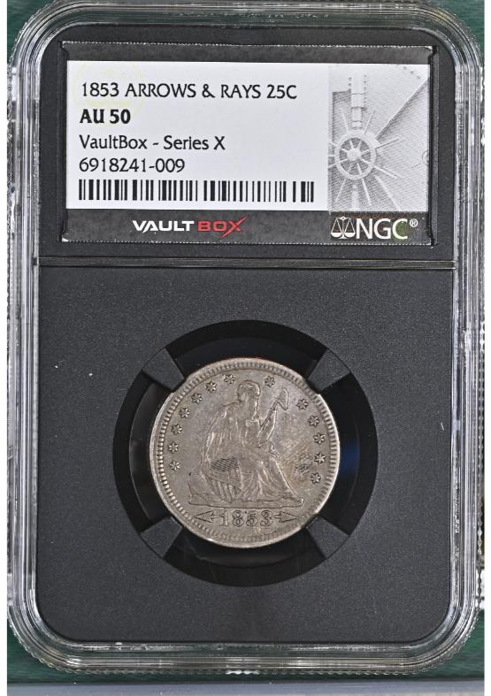 1853 ARROWS & RAYS 25C NGC AU50 FRONT