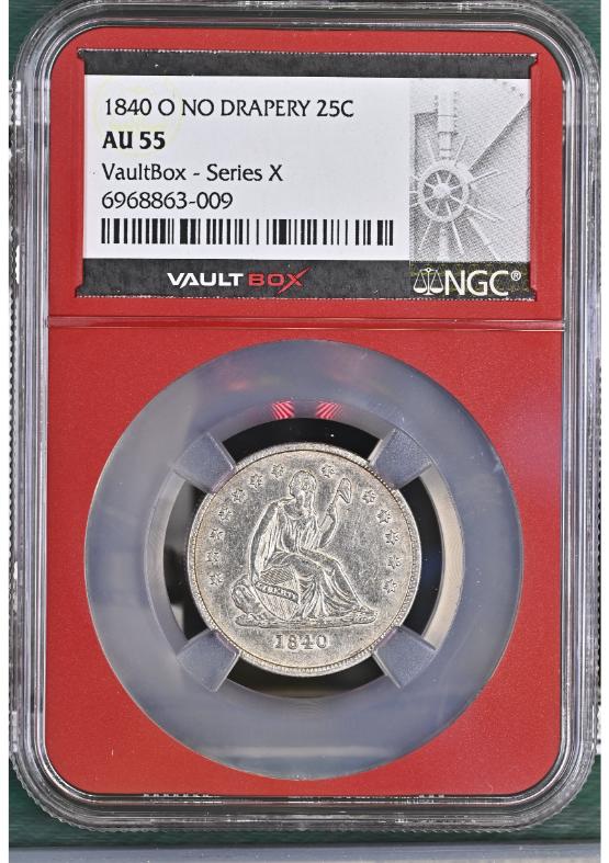 1840 O NO DRAPERY 25C NGC AU55 FRONT
