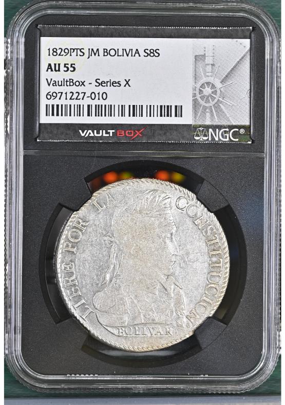 1829PTS JM BOLIVIA S8S NGC AU55 FRONT
