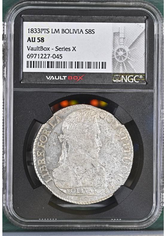 1833PTS LM BOLIVIA S8S NGC AU58 FRONT