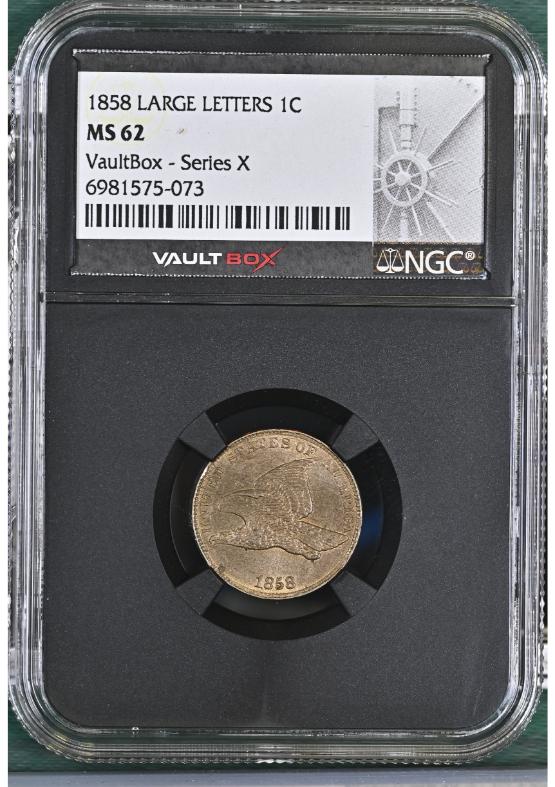 1858 LARGE LETTERS 1C NGC MS62 FRONT