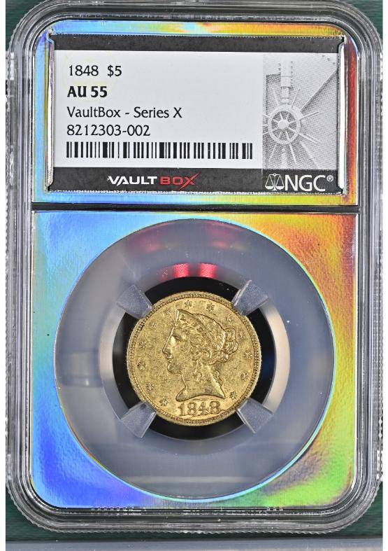 1848 G$5 NGC AU55 FRONT
