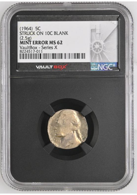(1964) 5C STRUCK ON 10C BLANK (2.5g) NGC MINT ERROR MS62 FRONT