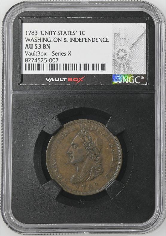 1783 'UNITY STATES' 1C WASHINGTON & INDEPENDENCE NGC AU53BN FRONT