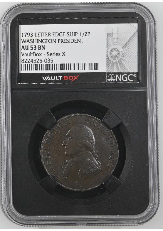 1793 LETTER EDGE  Ship 1/2P WASHINGTON PRESIDENT NGC AU53BN FRONT