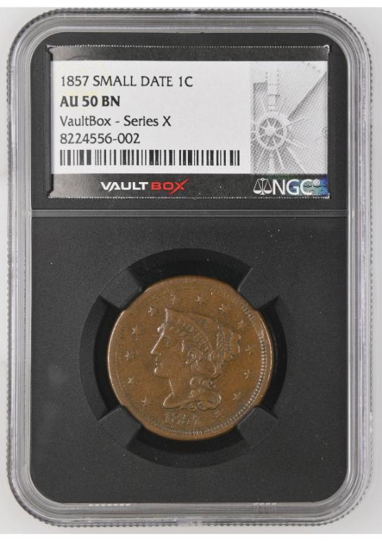 1857 SMALL DATE 1C NGC AU50BN FRONT