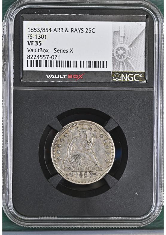 1853/854 ARR & RAYS 25C FS-1301 NGC VF35 FRONT