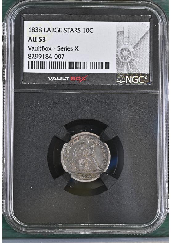 1838 LARGE STARS 10C NGC AU53 FRONT