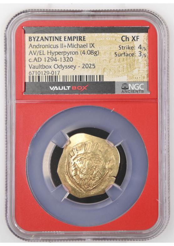BYZANTINE EMPIRE ANDRONICUS II+MICHAEL IX AV/EL HYPERPYRON CH XF STRIKE: 4/5 SURFACE: 3/5  FRONT