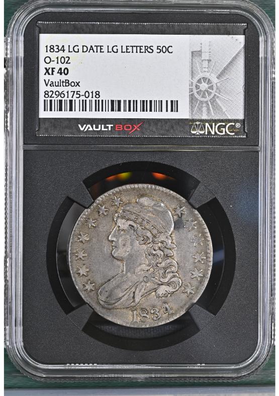 1834 LG DATE LG LETTERS 50C O-102 NGC XF40 FRONT