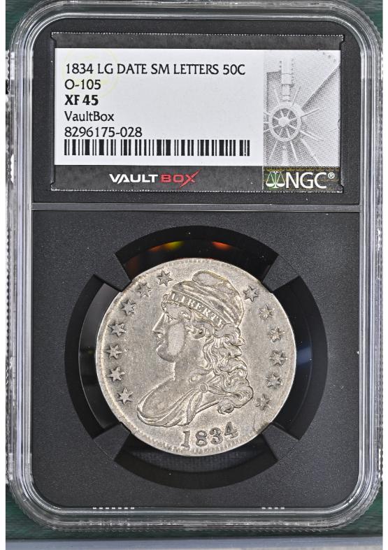 1834 LG DATE SM LETTERS 50C O-105 NGC XF45 FRONT