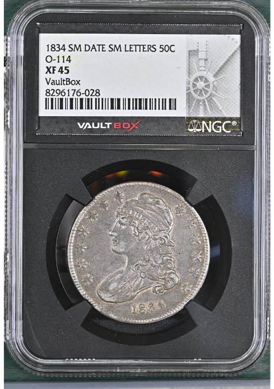 1834 SM DATE SM LETTERS 50C O-114 NGC XF45 FRONT