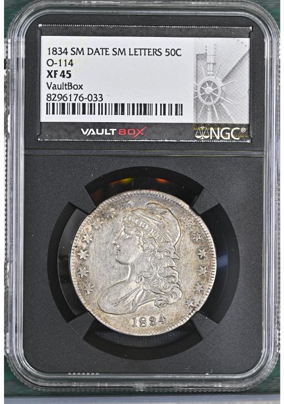 1834 SM DATE SM LETTERS 50C O-114 NGC XF45 FRONT