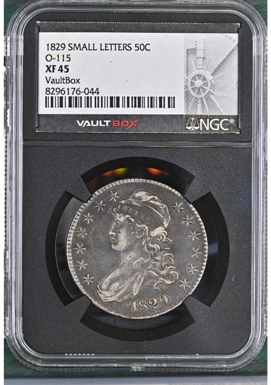 1829 SMALL LETTERS 50C O-115 NGC XF45 FRONT