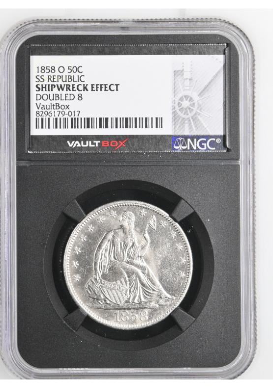 1858-O 50C SS REPUBLIC NGC SHIPWRECK EFFECT FRONT