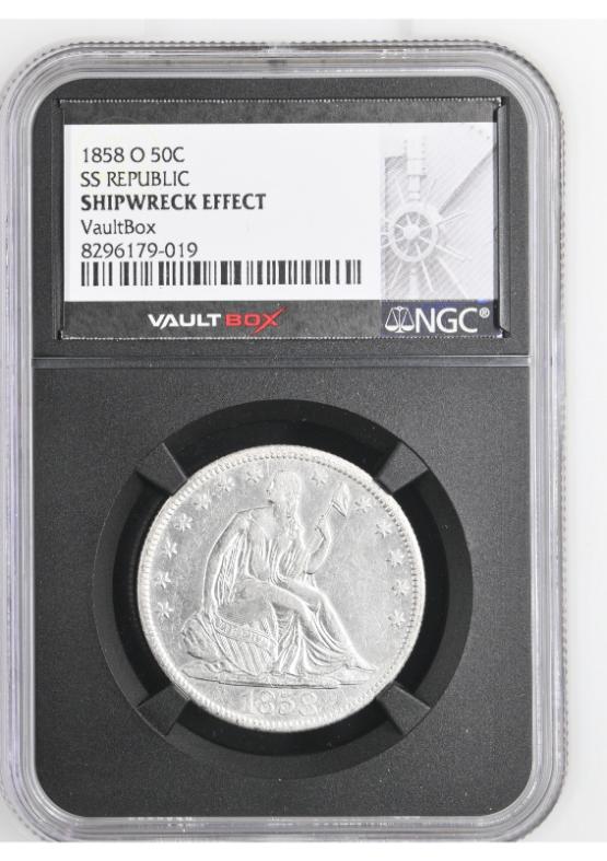 1858-O 50C SS REPUBLIC NGC SHIPWRECK EFFECT FRONT