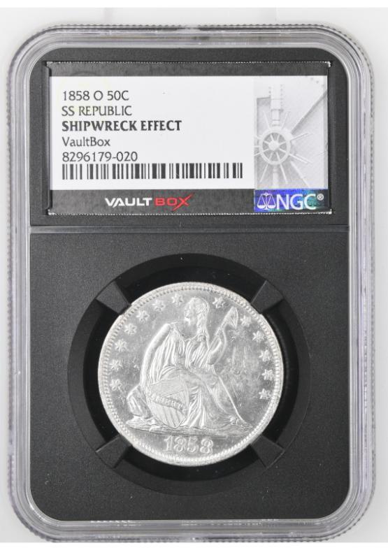 1858-O 50C SS REPUBLIC NGC SHIPWRECK EFFECT FRONT
