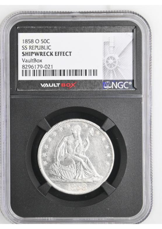 1858-O 50C SS REPUBLIC NGC SHIPWRECK EFFECT FRONT
