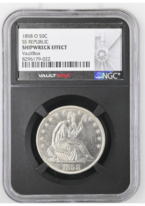 1858-O 50C SS REPUBLIC NGC SHIPWRECK EFFECT FRONT