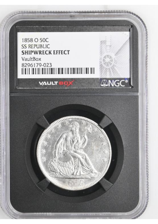 1858-O 50C SS REPUBLIC NGC SHIPWRECK EFFECT FRONT