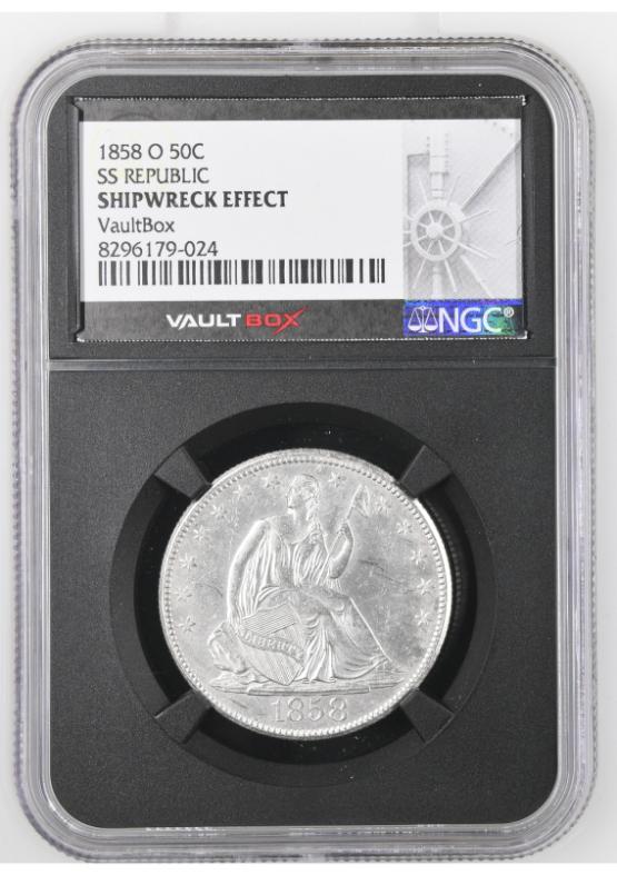 1858-O 50C SS REPUBLIC NGC SHIPWRECK EFFECT FRONT