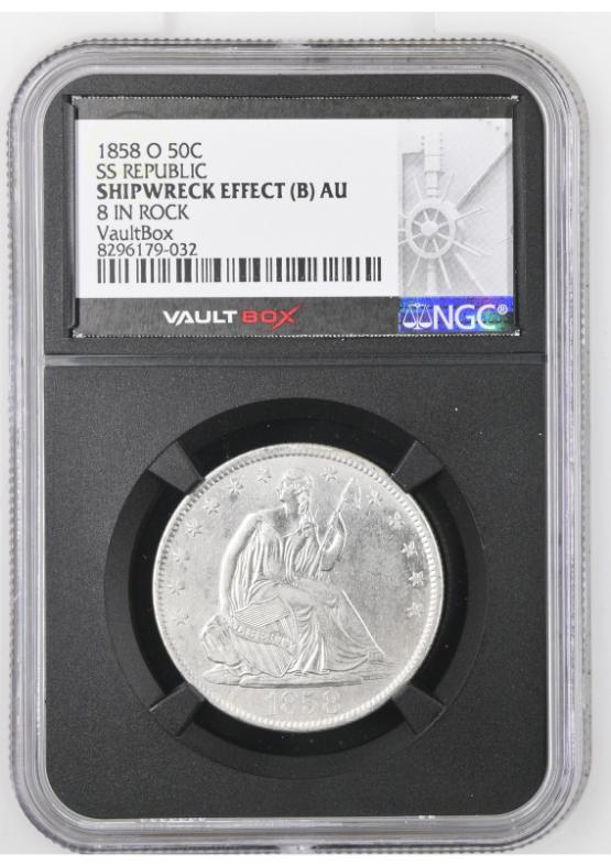 1858-O 50C SS REPUBLIC NGC SHIPWRECK EFFECT (B) AU FRONT