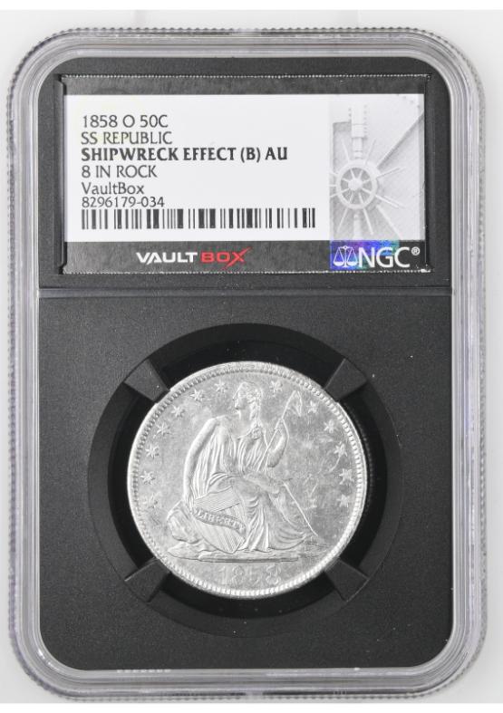 1858-O 50C SS REPUBLIC NGC SHIPWRECK EFFECT (B) AU FRONT
