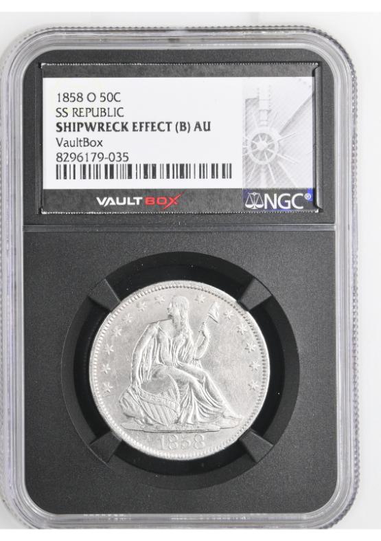 1858-O 50C SS REPUBLIC NGC SHIPWRECK EFFECT (B) AU FRONT