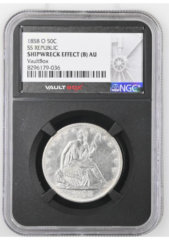 1858-O 50C SS REPUBLIC NGC SHIPWRECK EFFECT (B) AU FRONT