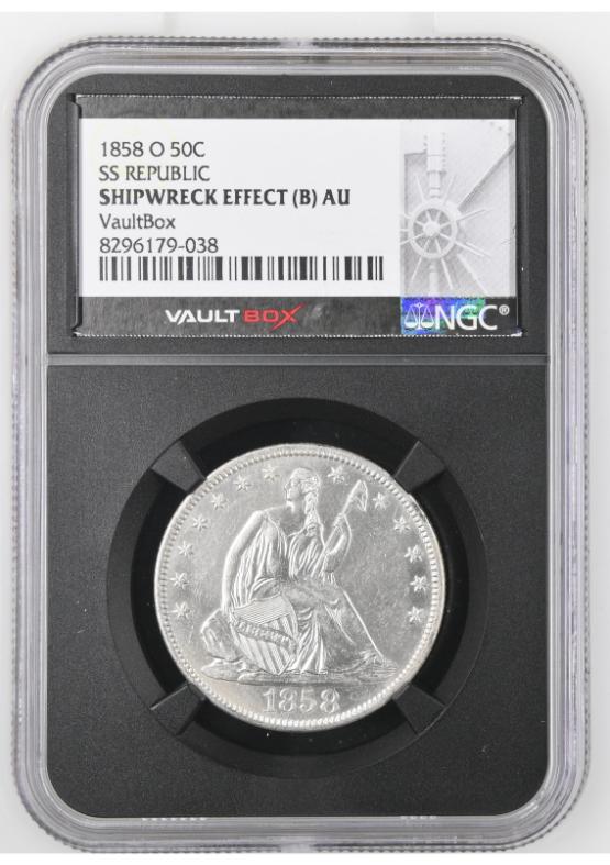 1858-O 50C SS REPUBLIC NGC SHIPWRECK EFFECT (B) AU FRONT