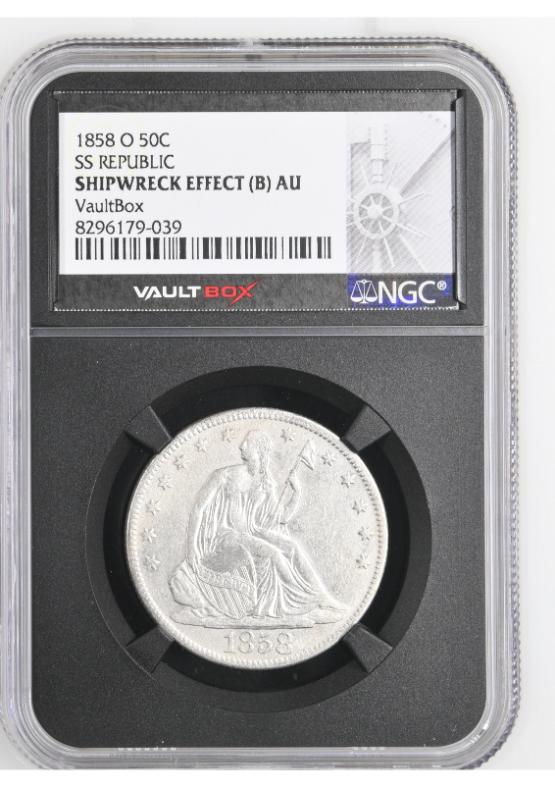 1858-O 50C SS REPUBLIC NGC SHIPWRECK EFFECT (B) AU FRONT