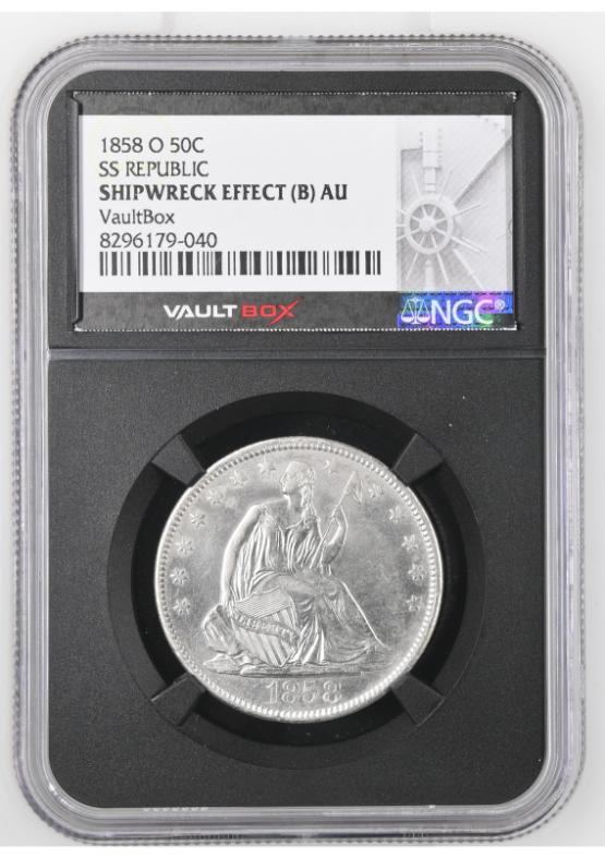 1858-O 50C SS REPUBLIC NGC SHIPWRECK EFFECT (B) AU FRONT