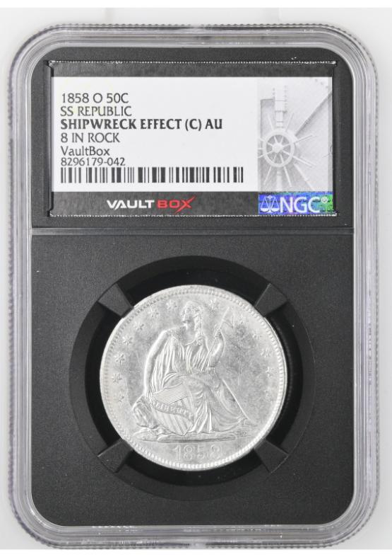 1858-O 50C SS REPUBLIC NGC SHIPWRECK EFFECT (C) AU FRONT