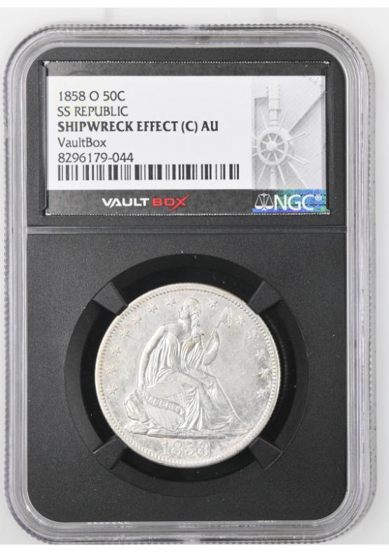 1858-O 50C SS REPUBLIC NGC SHIPWRECK EFFECT (C) AU FRONT