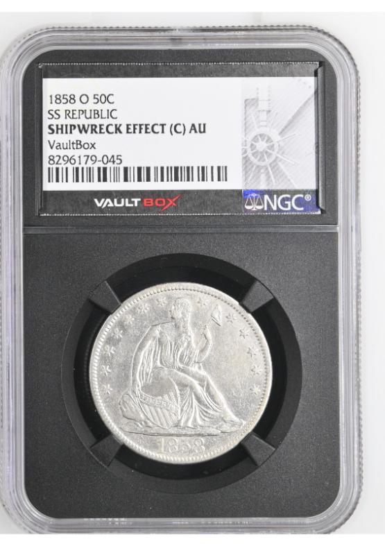1858-O 50C SS REPUBLIC NGC SHIPWRECK EFFECT (C) AU FRONT