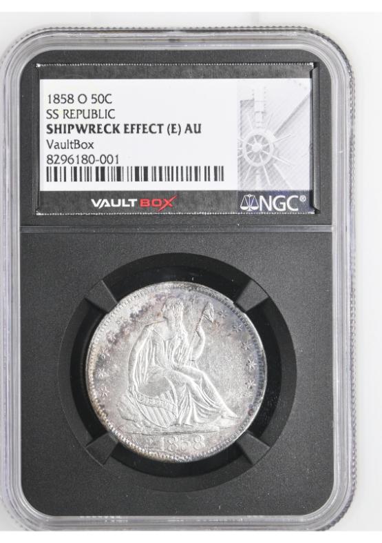 1858-O 50C SS REPUBLIC NGC SHIPWRECK EFFECT (E) AU FRONT