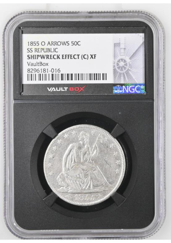 1855-O ARROWS 50C SS REPUBLIC NGC SHIPWRECK EFFECT (C)XF FRONT