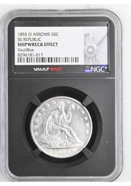 1855-O ARROWS 50C SS REPUBLIC NGC SHIPWRECK EFFECT FRONT