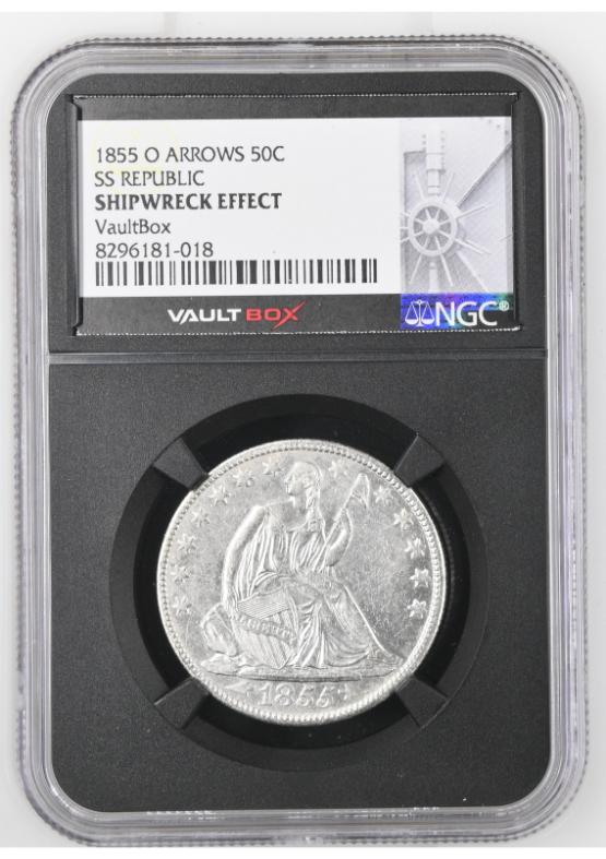 1855-O ARROWS 50C SS REPUBLIC NGC SHIPWRECK EFFECT FRONT