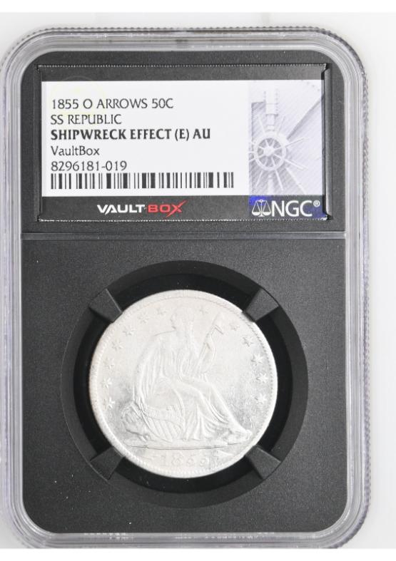 1855-O ARROWS 50C SS REPUBLIC NGC SHIPWRECK EFFECT (E) AU FRONT