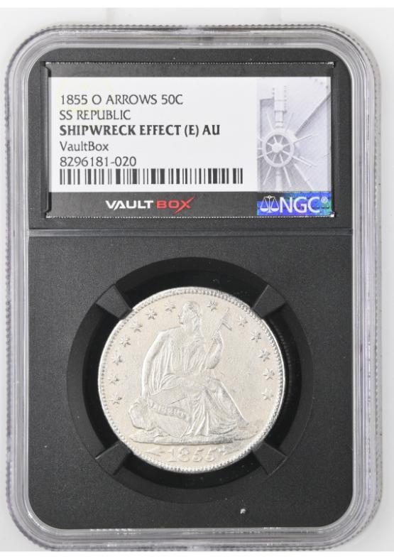 1855-O ARROWS 50C SS REPUBLIC NGC SHIPWRECK EFFECT (E) AU FRONT