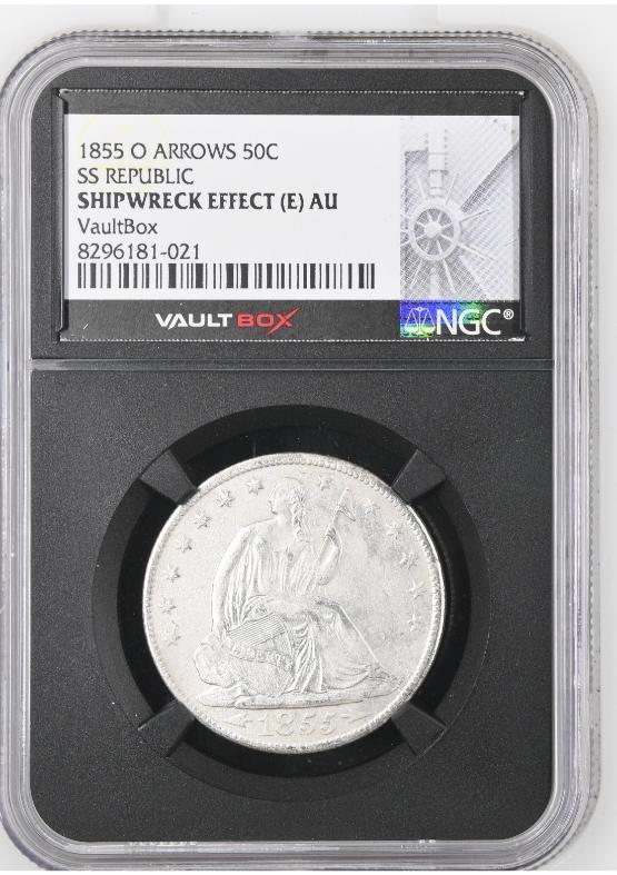 1855-O ARROWS 50C SS REPUBLIC NGC SHIPWRECK EFFECT (E) AU FRONT