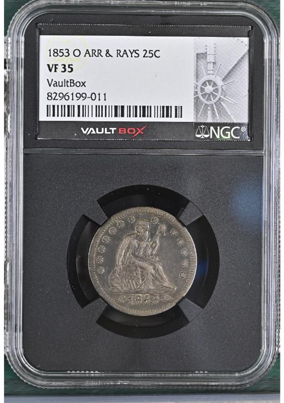 1853-O ARR & RAYS 25C NGC VF35 FRONT