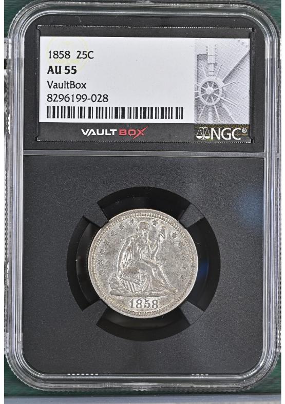 1858 25C NGC AU55 FRONT
