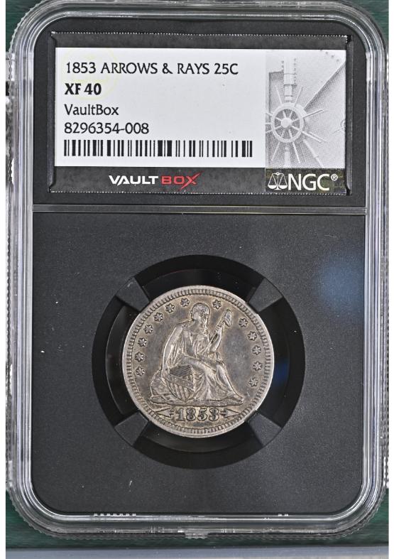 1853 ARROWS & RAYS 25C NGC XF40 FRONT