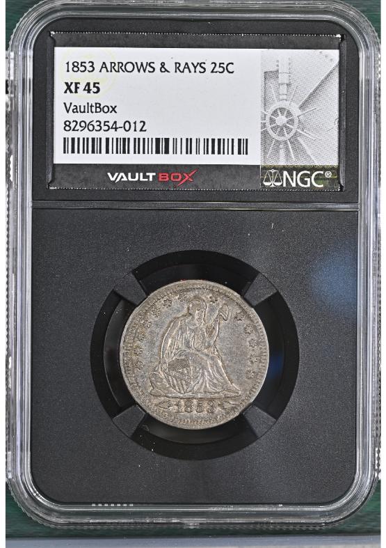 1853 ARROWS & RAYS 25C NGC XF45 FRONT