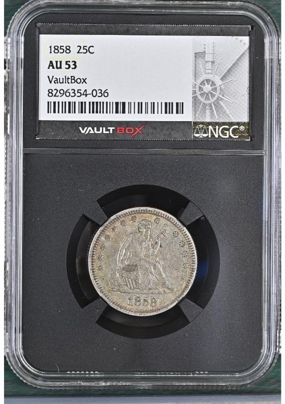 1858 25C NGC AU53 FRONT