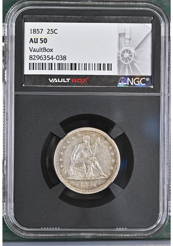 1857 25C NGC AU50 FRONT