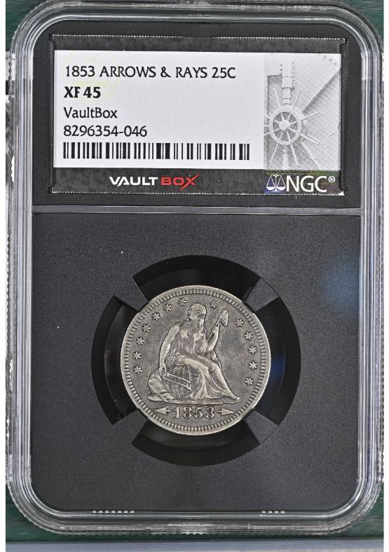 1853 ARROWS & RAYS 25C NGC XF45 FRONT