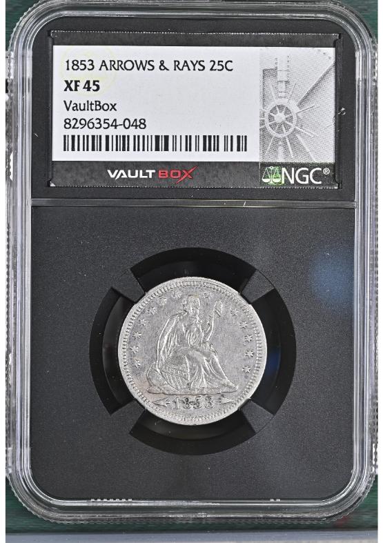1853 ARROWS & RAYS 25C NGC XF45 FRONT
